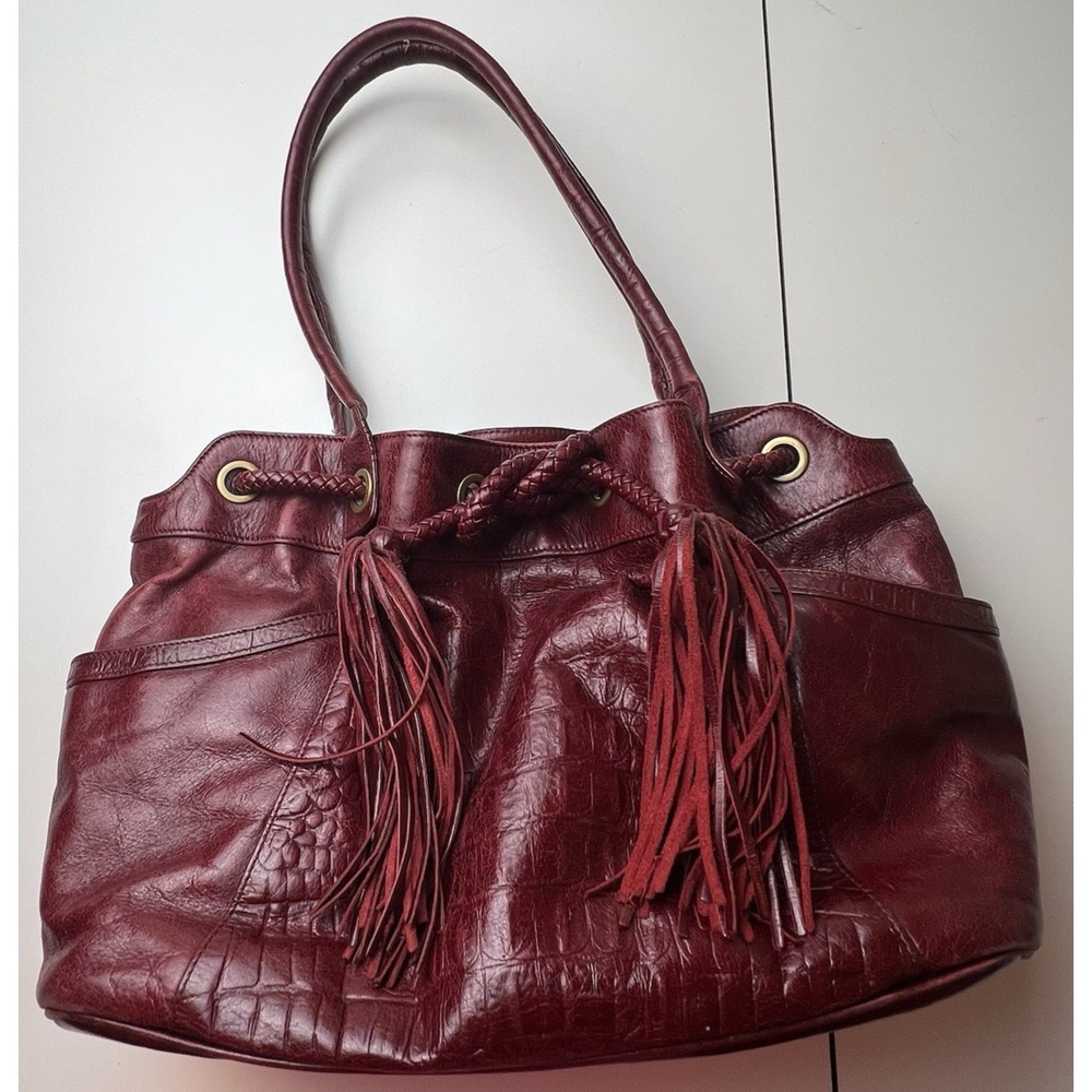 Charles David Red Alligator Embossed Leather Hobo Bag Purse Travel Drawstring
